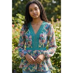 Cottagecore Floral Swiss Dot Peplum Top Matilda Jane Kookaburra Lace Trim XS
